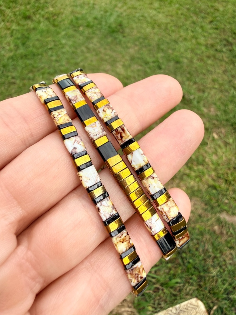 Handcrafted Women’s Beaded Bracelet - Gold, Black & Cream